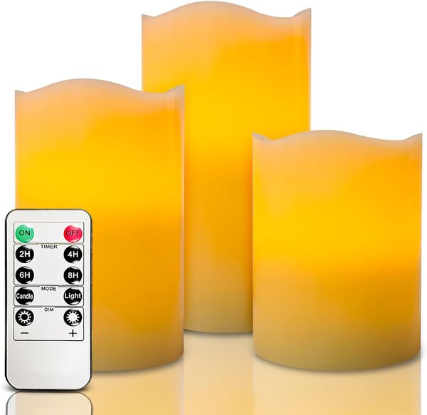 

Flameless Battery Operated LED Candles Set of 3 Ivory Real Wax Flickering Electric Candle with Remote Control and Timer Function