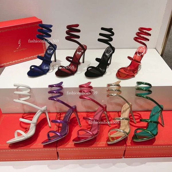 

Rene Caovilla Cleo Veet Metallic-finish Sandals 95 Stiletto Heels Evening Party Shoes Women High Heeled Designers Ankle Wraparound Shoe Factory Footwear, Black velvet