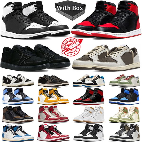 

With Box Jumpman 1 High Basketball Shoes Men Women 1s Black White UNC Toe low Olive Black Phantom Reverse Mocha Satin Bred Patent Mens Trainers Sneakers, #49