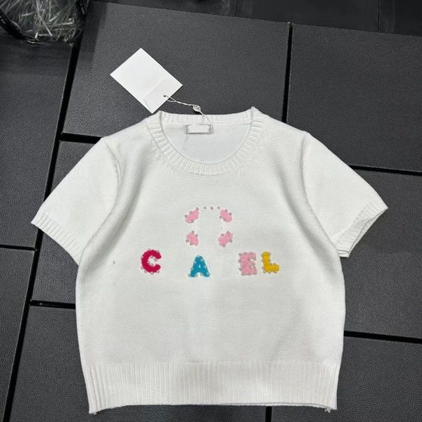 

Summer NEW Embroidered Fashion Casual Knitted Sweater High end French nail beads T-shirt Women Short Sleeves Casual round neck Tee, #1