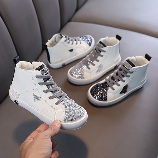 

Fashion sequins sneakers INS kids bling letter lace-up casual children soft bottom ankle shoes S1088, Gray