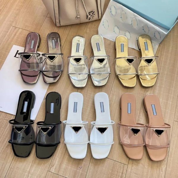 

Designer Slippers Womens Beach Sandals Transparent Triangle High-end Comfort Summer Low Heel Fashion Box of Your Choice, Red