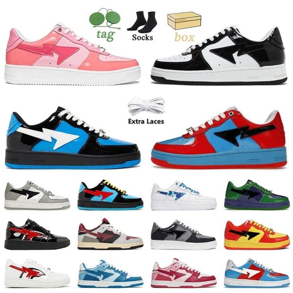 

with Box Top Quality Sta Sk8 Shoes Women Mens Casual Low Flat Train Color Camo Combo Pink Green Black White Patent Leather Camouflage Platform, C21 36-45 patent leather white red