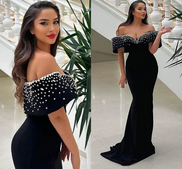Arabic Black Mermaid Evening Dress, Crystal Beaded Pleated Off-Shoulder Prom Gown