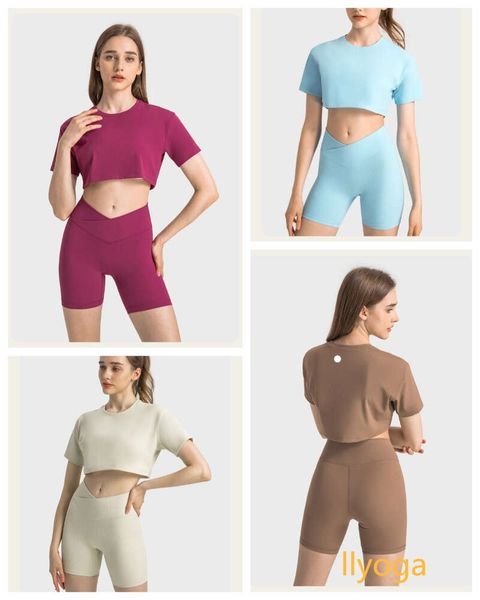 

LU-1211 Ribbed Yoga Short Sleeve Sexy Waist Loose Short Careful Machine Sports T-shirt Woman, Brown