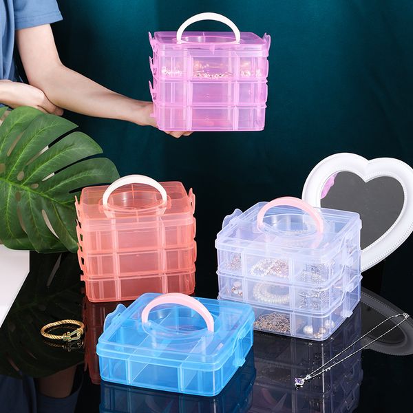 

three layer jewelry box, detachable transparent plastic hardware tool box, rubber band jewelry compartment storage box, storage artifact, Pink