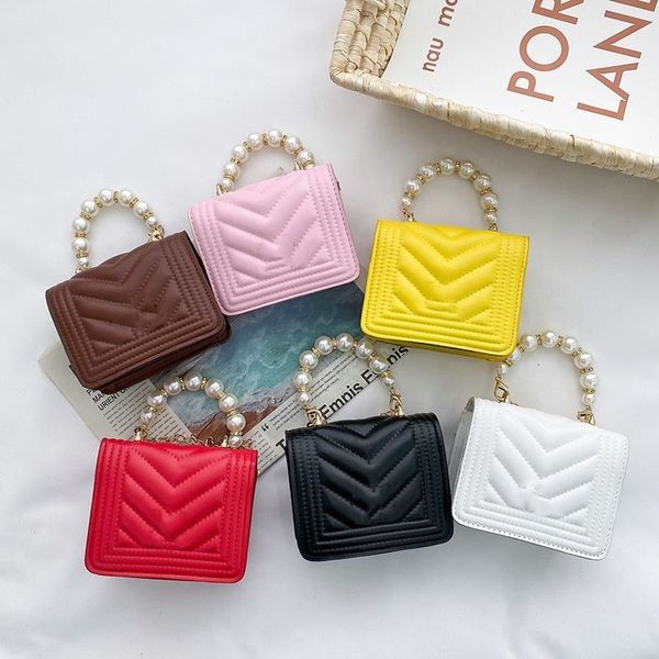

Fashion Girls pearl chain handbag INS kids Metal buckles bags children Flip PU Leather one shoulder bag Lady Mini purese A5192, Pink