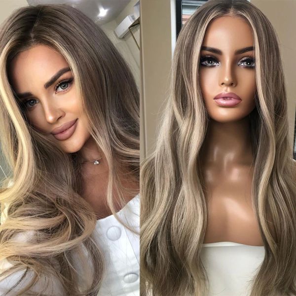 

Dark Ash Blonde HD Lace Wig Highlights Full Lace Human Hair Wigs Dark Roots Pure Brazilian Lace Front Wig Slight Wavy Lace Front Wig Preplucked
