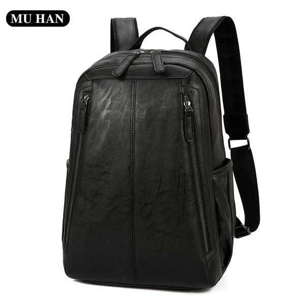 

Outlet factory mens shoulder bag simple Joker solid color leather student backpack outdoor sports leisure travel backpack trend double zipper fashion handbag 1003, Black