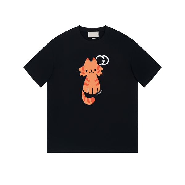 

Cartoon sitting cat Print short sleeve designer GGity Fashion T-shirt Spring Summer men's and women's trend pure cotton T-shirt, Black