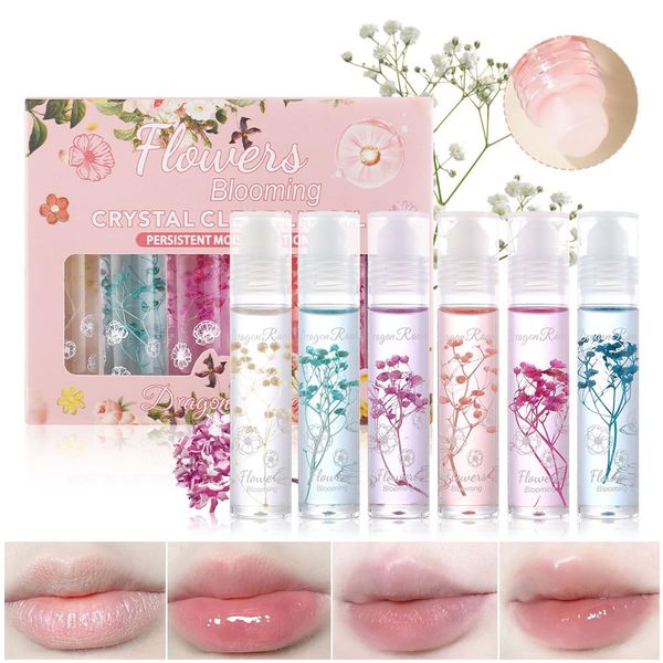 

6 Pcs Flowers Clear Lip Gloss Set Roll On Crystal Natural Moisturizing Lip Plumper Gloss Oil Make Lips Fuller and Hydrating Repairing Lip Care Products, Mixed color