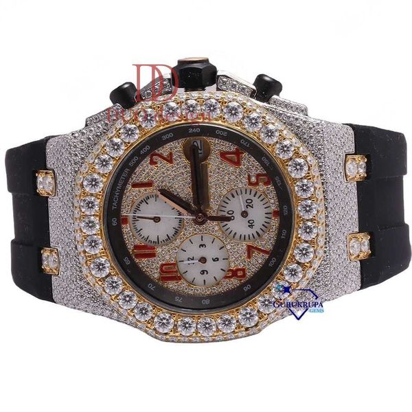 

Customized Mens luxury Hip Hop Watch half Iced Out in Moissanite Diamonds with VVS clarity customized in black rubber belt