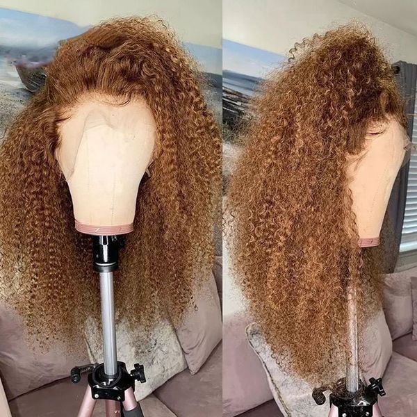 

Brown Color 180Density Curly Human Hair Wig for Women Black /Blonde Highlights HD Lace Frontal Wig Remy 360 Full Lace Front Synthetic W Lrao, Natural color