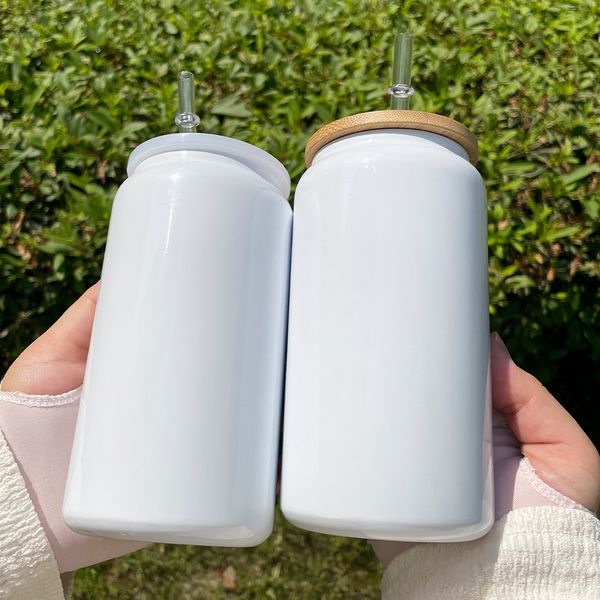 Keep hot & cold 16oz stainless steel can tumbler white blank sublimation Unbreakable Metal Drinking Cup with Bamboo lids and plastic lids for vinyl