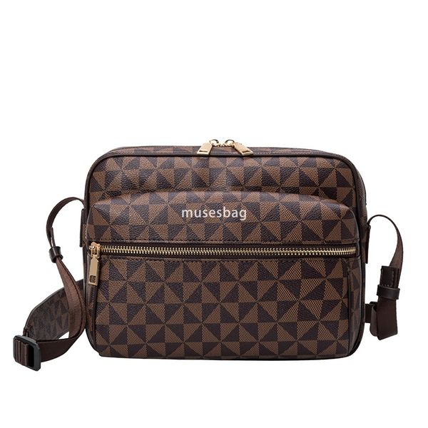

Fashionable New Trendy Men's Bag Versatile Checkered Print Small Square Bag Retro Business Commuter One Shoulder Crossbody Bag, Coffee