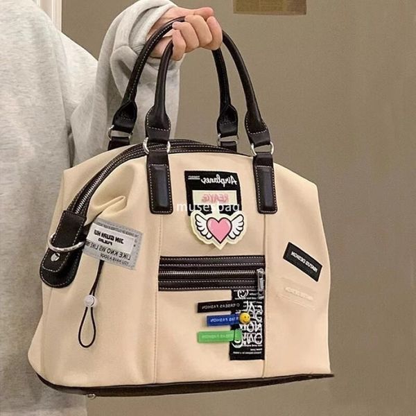 

Women's and men's large capacity zippered PU canvas handbag, adjustable shoulder strap, travel shopping bag, student retro casual large capacity handbag crossbody bag, White