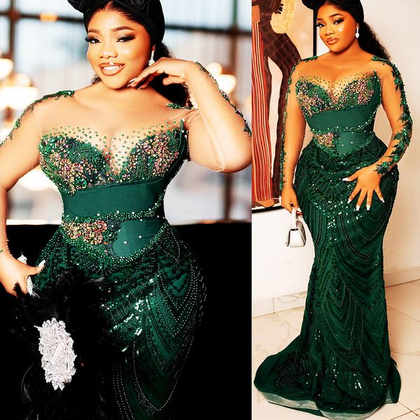 

2024 Aso Ebi Plus Size Dark Green Mermaid Prom Dress Lace Beaded Crystals Evening Formal Party Second Reception 50th Birthday Engagement Thanksgiving Gowns Dresses, Champagne