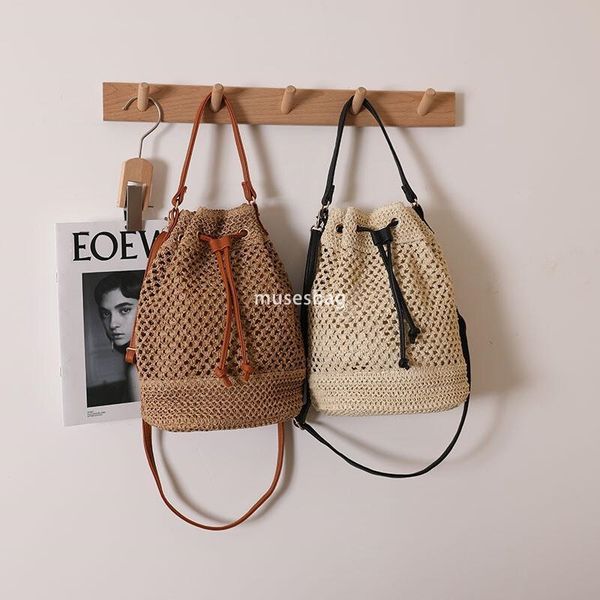 

Designer's straw woven bag large capacity crossbody bucket bag beach bag casual men's luxury shoulder bag fashionable weaving high-quality mini women's bag, White