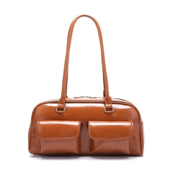 

New Korean handbag, women retro shoulder bag, hand-held underarm bag oil wax leather bag, double bag casual bag niche outdoor handbag, Brown