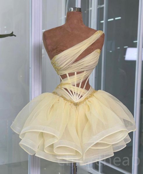

2024 Cream Ball Gown Graduation Dress One Shoulder Lace Beaded Tulle Short Mini Homecoming Party Formal Cocktail Prom Bridesmaid Gowns Dresses ZJ022, Yellow