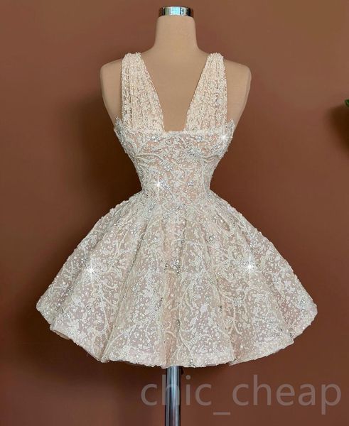 

2024 Champagne A-line Graduation Dress Beaded V-neck Lace Short Mini Homecoming Party Formal Cocktail Prom Bridesmaid Gowns Dresses ZJ020, Sage