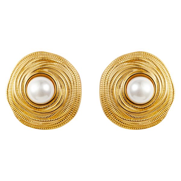 

Retro style niche geometric texture design with earrings inlaid with pearl shaped round titanium steel earrings