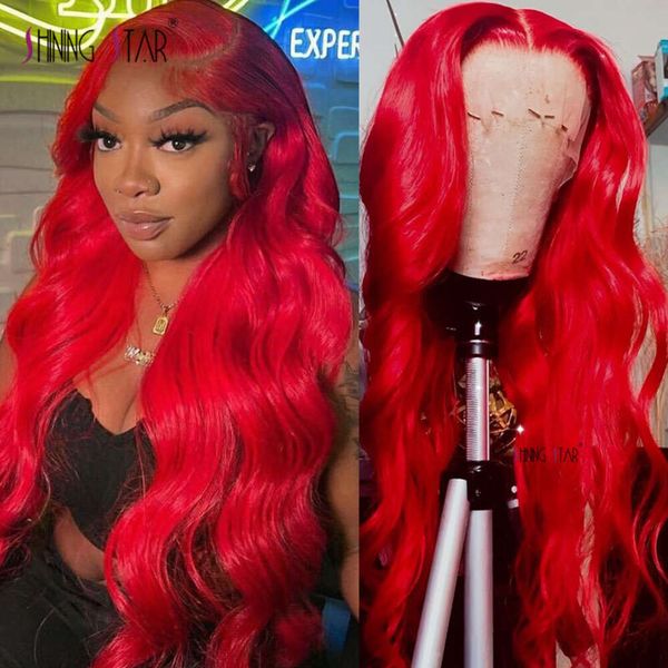 

Hd 13X6 Frontal Wigs 34 Inch Red Colored Body Wave Bury Curly 13X4 Lace Front Human Hair Wig, Burgundy