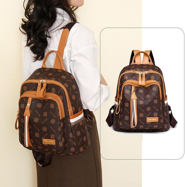 

Outlet womens shoulder bag elegant printing retro handbag outdoor shopping trip out leisure backpack multifunctional padded leather student backpack 2312#, Brown