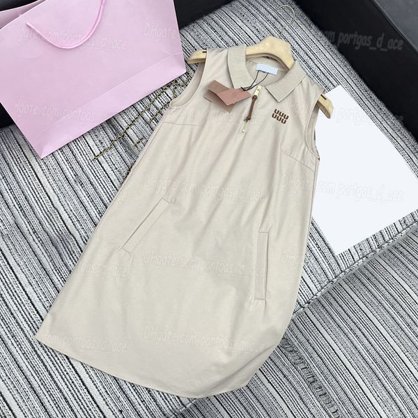 

Letter Lapel Sleeveless Dress Women Sexy Summer Vest Dresses Luxury Designer Casual Daily Tank Dress, Khaki