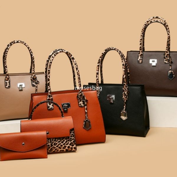 

High Quality Women Fashion Celebrity One Shoulder Handbag Versatile Simple and Large Capacity Tote Bag Leopard Pattern Three piece Set Mother and Child Bag, Khaki
