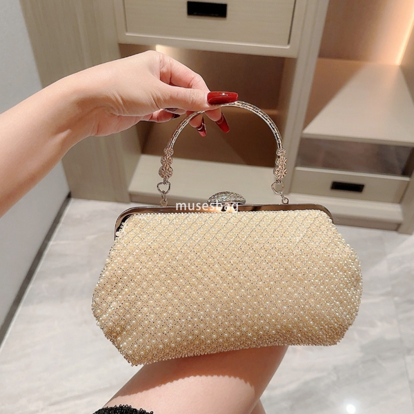 

High end Women Designer Fashion Dinner Style Celebrity Handbag Engagement Classic Practical Handbag Qipao Dress Bag Banquet Elegant Pearl Bag, Cream