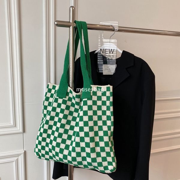 

High quality new design knitted bag woven bag shoulder bag large capacity tote bag bohemian style checkered bag women bag, Split