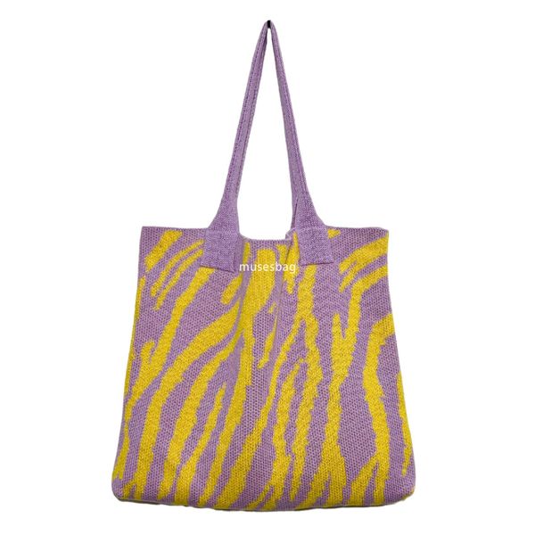 

High quality new fashionable knitted bag woven bag black and white striped large capacity tote bag Bohemian shoulder bag women bag, Coffee apricot
