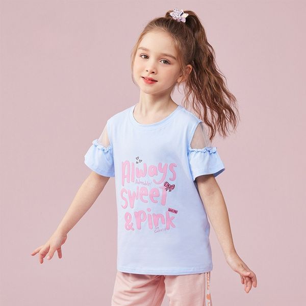 

Summer new children's popular round neck cover all simple sweet princess wind short-sleeved top T-shirt, Blue