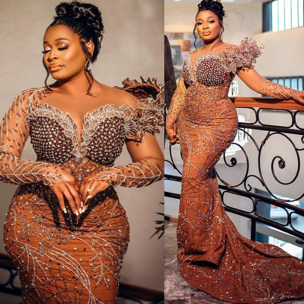 

2024 Aso Ebi Plus Size Brown Mermaid Prom Dress Beaded Crystals Florals Evening Party Second Reception 50th Birthday Engagement Thanksgiving Gowns Dresses ZJ51, Dark navy