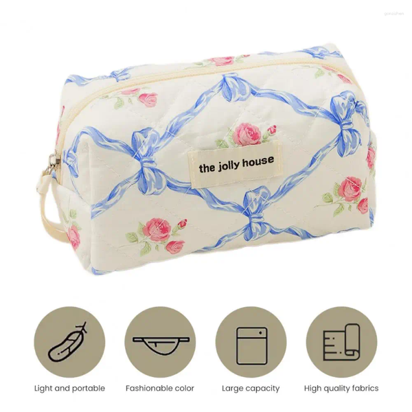 

Storage Bags Lady Travel Case Makeup Bag Quilted Cosmetic With Capacity Zipper Closure Stylish Rose Bow Print For