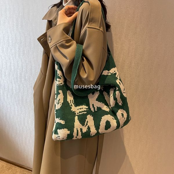 

New ins English letter embellishment bag, knitted bag fashionable shoulder bag beach travel handbag, commuting large capacity tote bag, Split