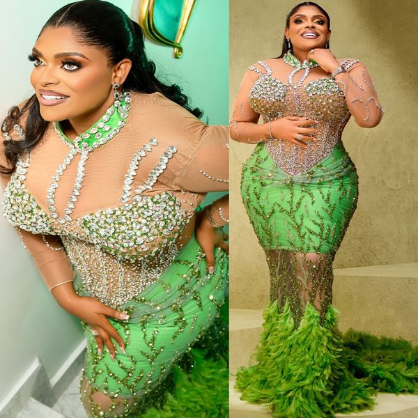 

2024 Aso Ebi Plus Size Green Mermaid Prom Dress Feather Crystals Evening Formal Party Second Reception 50th Birthday Engagement Thanksgiving Gowns Dresses ZJ36, Black