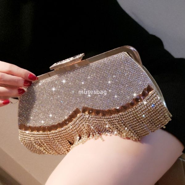 

High quality women high-end socialite high-end banquet bag rhinestone tassel fashionable women handbag party classic and simple shoulder bag, Gold