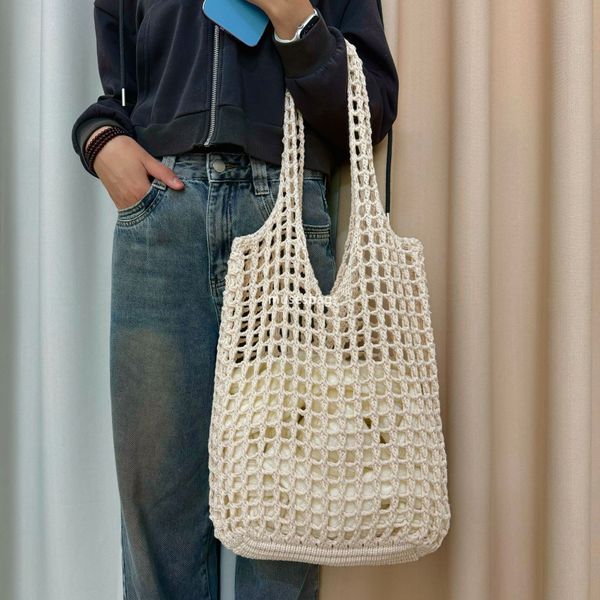 

New Knitted Handbag Japanese and Korean Tote Bag Travel Shopping Bag Knitted Bag Hollow Bag Beach Bag Woven Bag for Women, Coffee