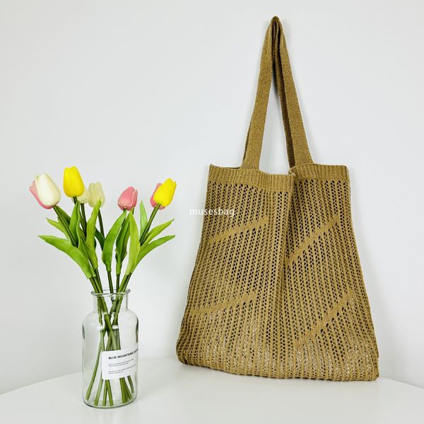 

New minimalist and atmospheric single shoulder bag knitted bag with hollowed out design handbag for commuting large capacity tote bag outdoor beach bag women bag, Coffee