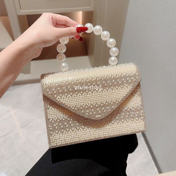 

Designer Ladies High end Pearl Banquet Style Beaded Handheld Classic High end Lid Small Square Bag Dress Bag Handheld Bag Celebrity Banquet Bag, Beige