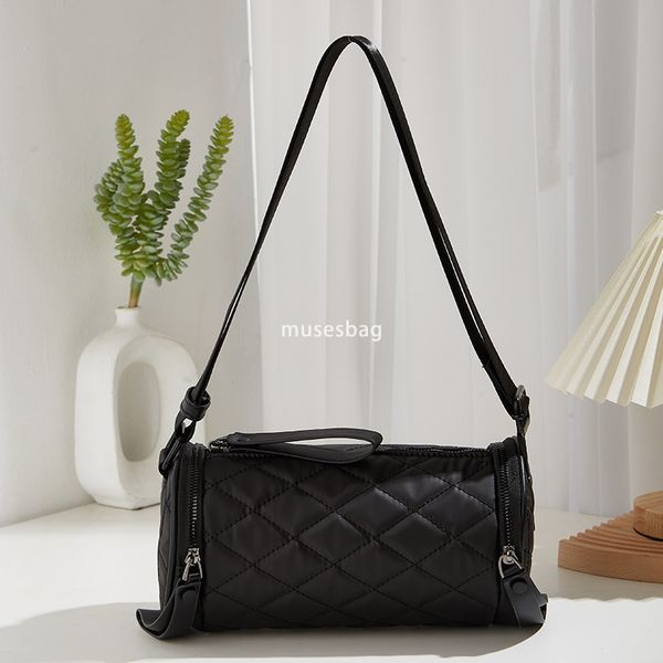 

New Women's Bag Versatile Solid Color Cylinder Bag Oxford Embroidered Thread Diamond Grid Underarm Bag Single Shoulder Crossbody Bag, Black