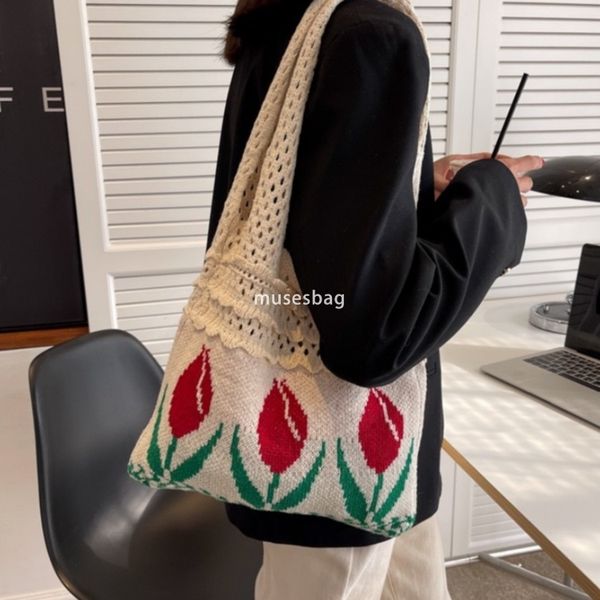 

New high-quality knitted bag woven bag shoulder bag Japanese and Korean tote bag bohemian tulip flower bag women bag, Khaki