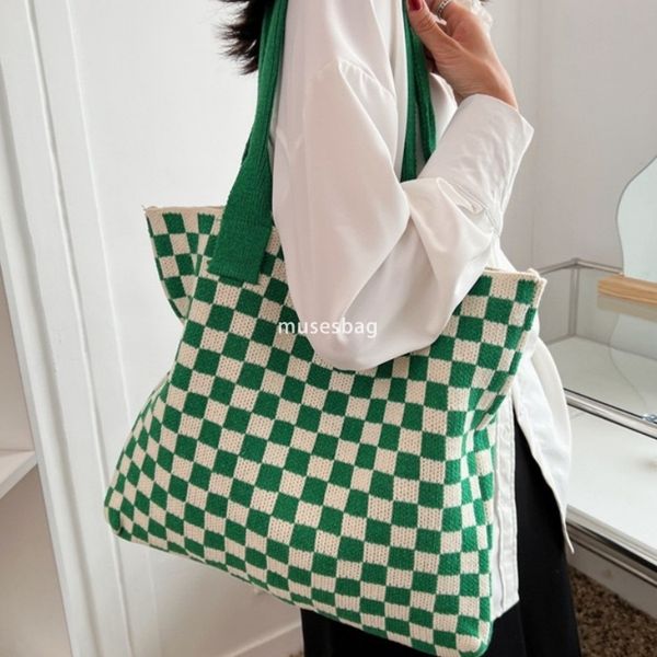 

New Instagram Two tone Combination High Quality Bag Knitted Bag Fashionable Shoulder Bag Black and White Checkered Bag Large Capacity Tote Bag Retro, Split