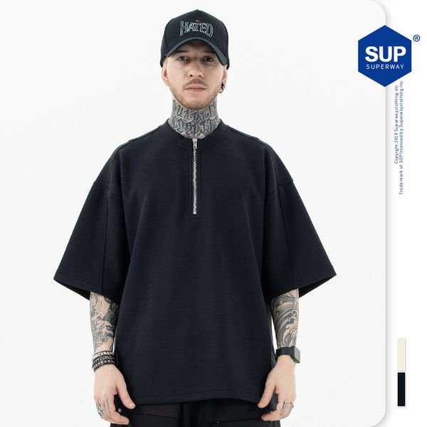 

designer t shirt tee sweatshirt tshirt mens womens short sleeve casual streetwear takashi High Street Solid color half zipper thickened short sleeved t shirt for men, Apricot