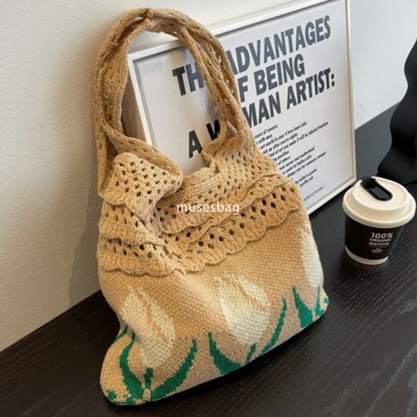 

New high-quality knitted bag woven bag shoulder bag Japanese and Korean tote bag bohemian tulip flower bag women bag, Purple