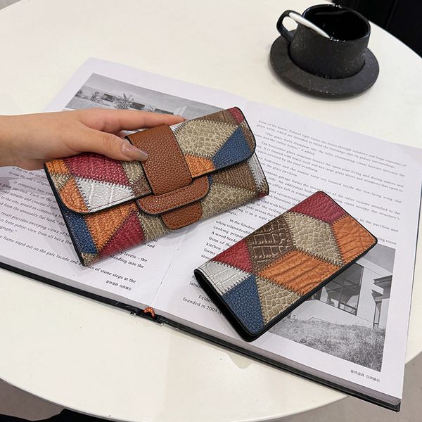 

Factory outlet womens shoulder bag classic retro stitching color leather long wallet multi card folding women wallet this year popular contrast coin purse 97299#, Brown