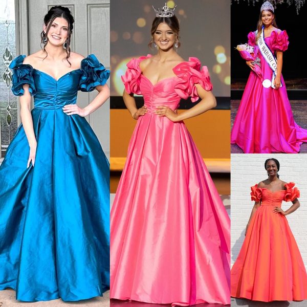 Luxurious Taffeta Prom Dress Ruffle Sleeves Sweetheart Pageant Long Robes De Soiree Formal Evening Party Gala Gown Turquoise Sunset Fuchsia Mother of Bride Guest