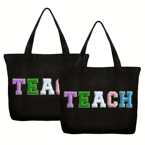 

High quality women popular canvas tote towel embroidered letter handbag with large capacity portable storage bag in stock wholesale, Black